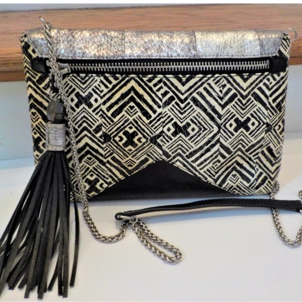 Rafe Eva Black Leather Python Embossed Geometric Print Crossbody Chain Bag